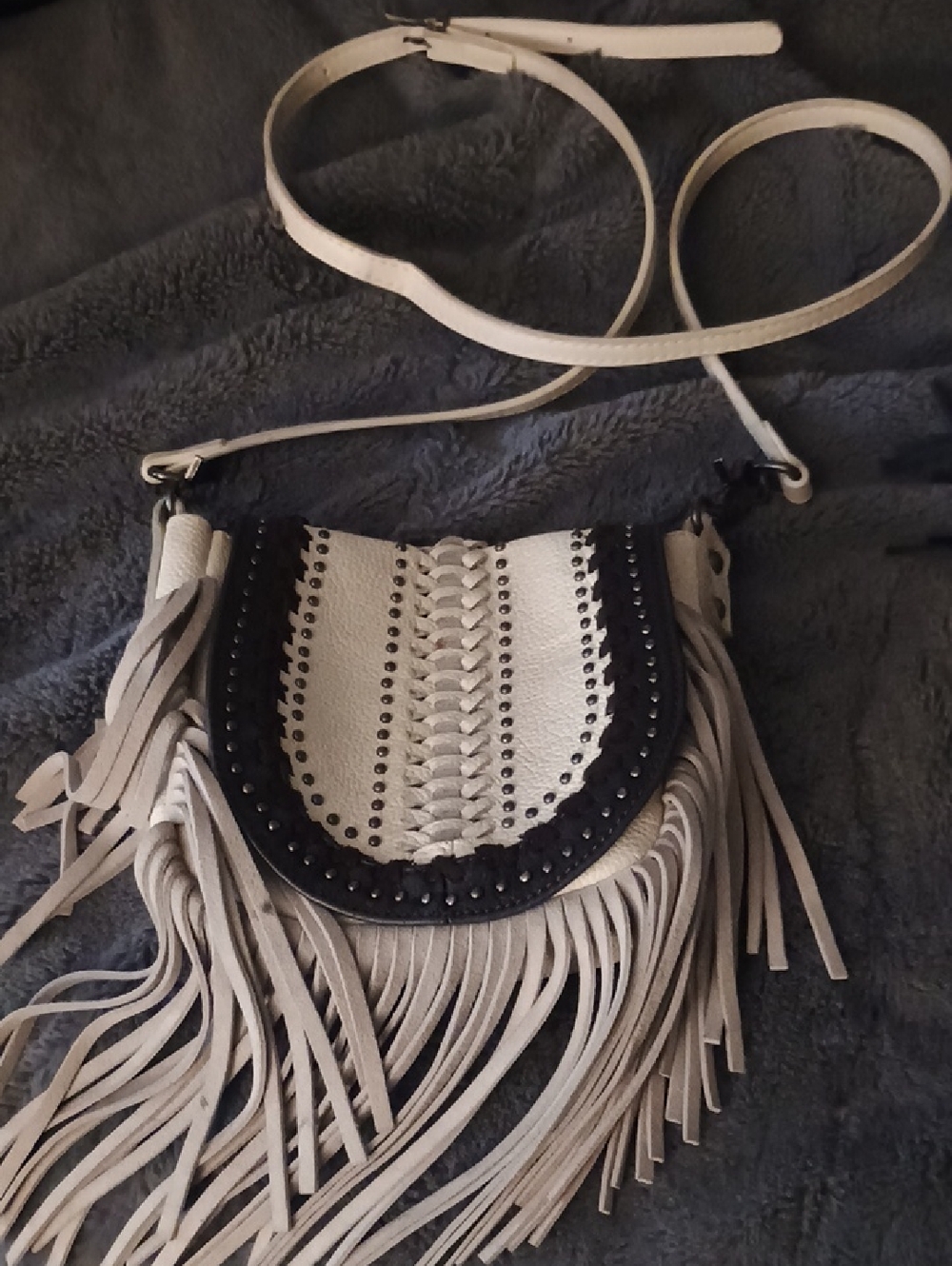 Fringed Crossbody Bag in Creme with Black Trim